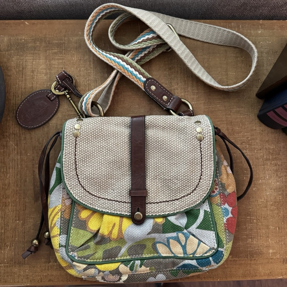 Vintage‎ Fossil Floral Crossbody Fabric Leather Accents Key Braided Strap Y2K